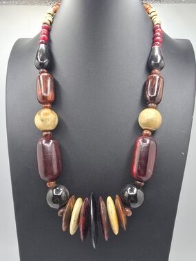 Wood Bead Necklace Multicolor Statement Chunky Disc Graduated Boho Vintage 24"
